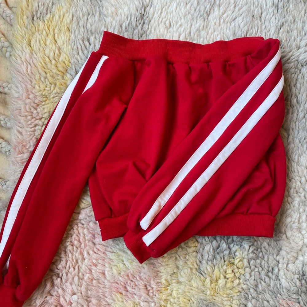 Crop athletic stripe off the shoulder sweatshirt